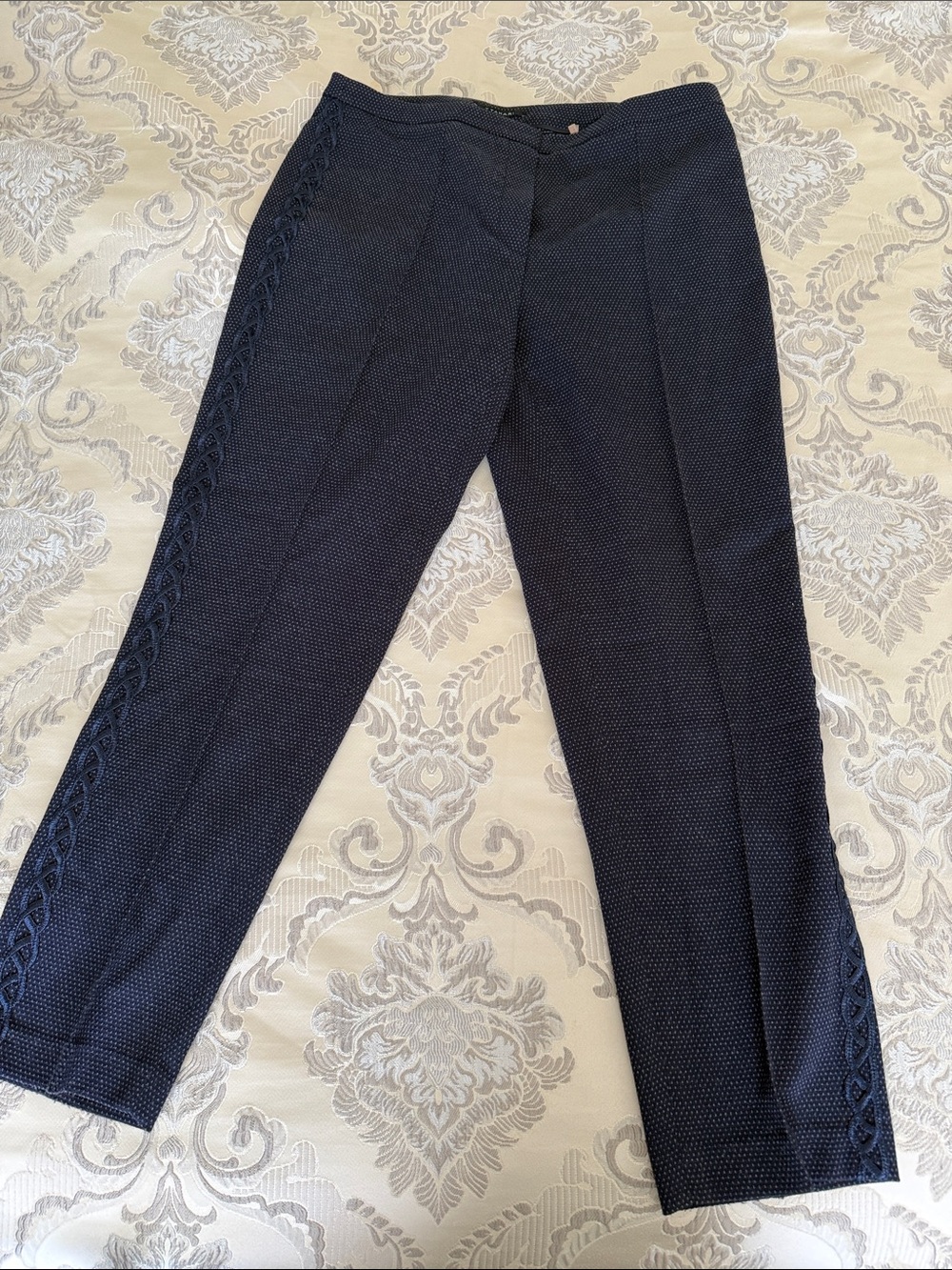 T Tahari Navy Textured Straight-Leg Pants with Side Braid Trim